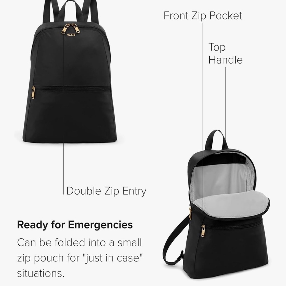TUMI - Just In Case Foldable Backpack - Black with Gold Hardware - Picture 3 of 9